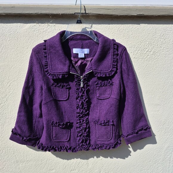 Anthro Purple Ruffle Trim Suit Jacket Blazer Retro Y2K Feminine Office Work M - Picture 2 of 16